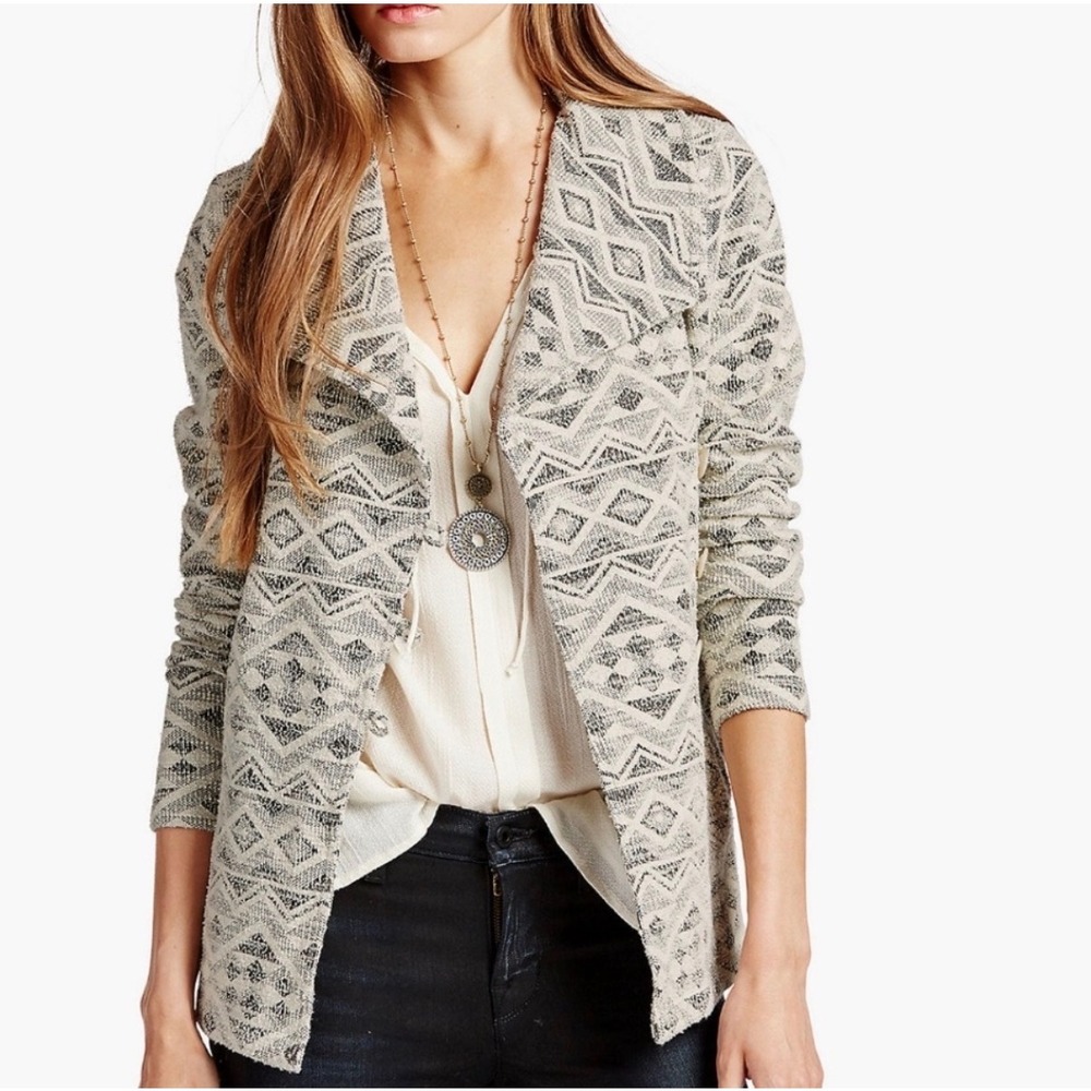 Lucky Brand Knit Jacket Size M Black White Geometric Tribal Boho Wrap Blazer NWT